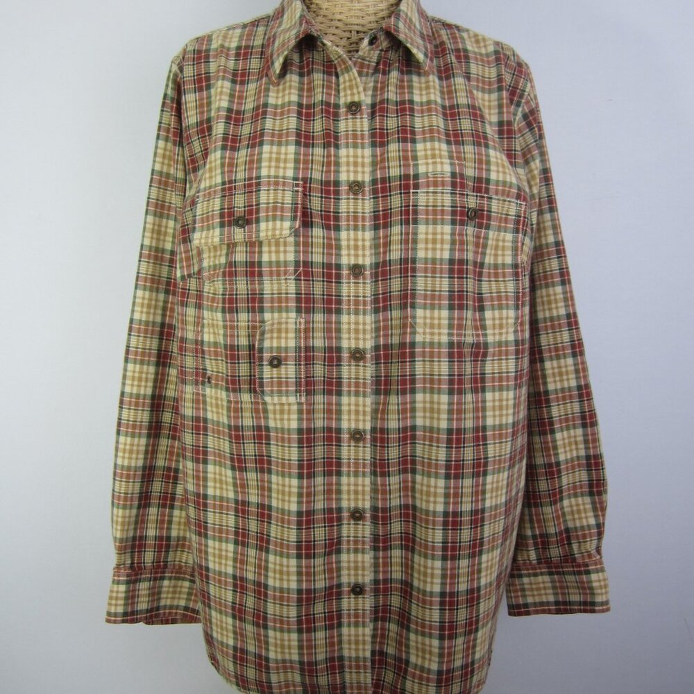 Ralph Lauren Women Plus 1X Beige Red Green Plaid Cotton Field Shirt Pockets Snap